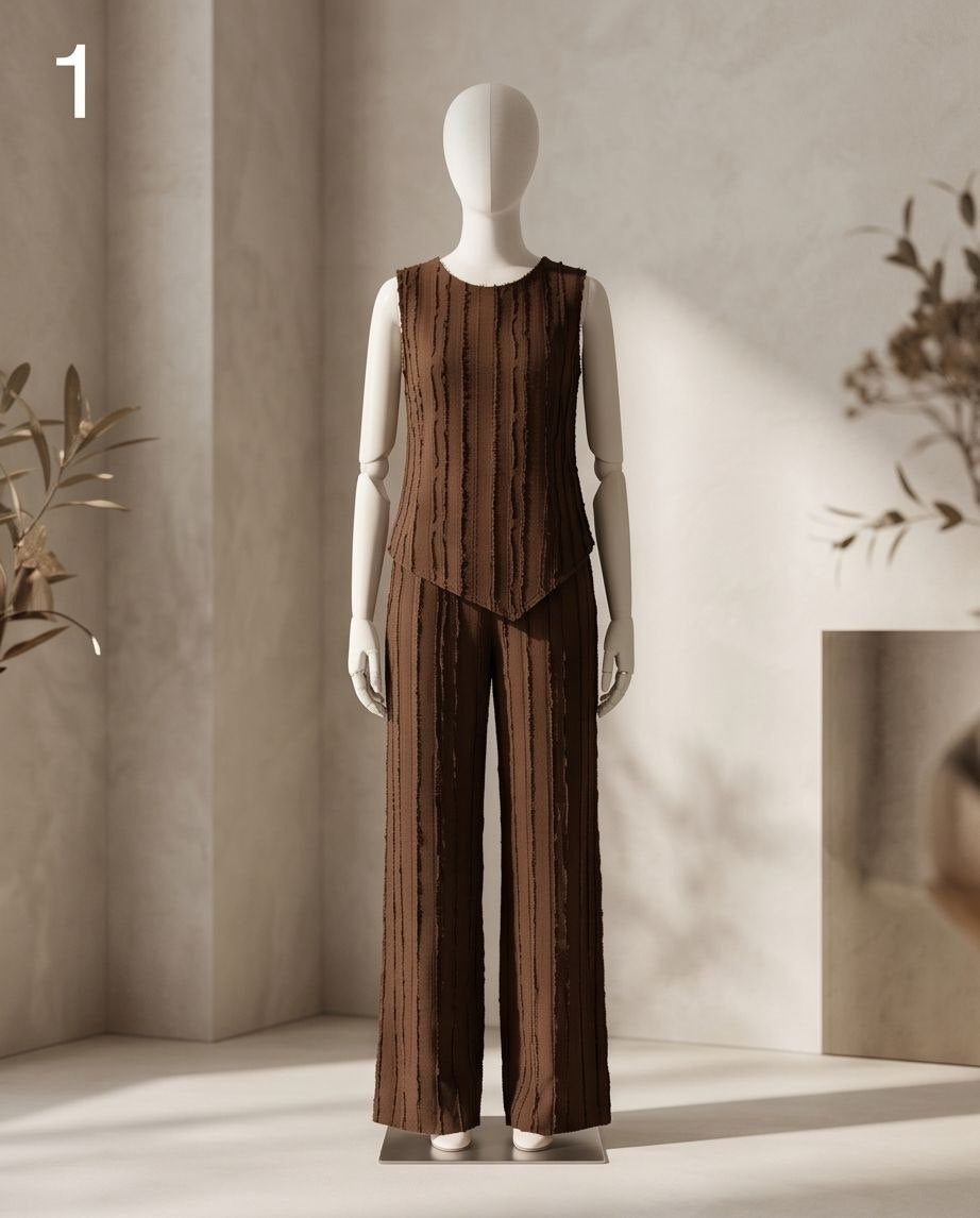 Completo in viscosa ricamata – Marrone